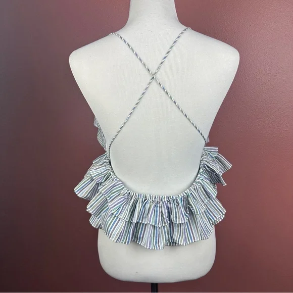 Magali Pascal Anthropologie US 12 or XL ruffle tiered halter top blue stripe - Picture 5 of 8